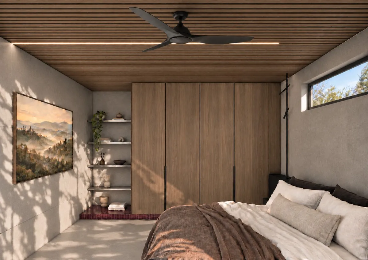 The bedroom of SOLUM Max in Burgundy, with raw walnut joinery