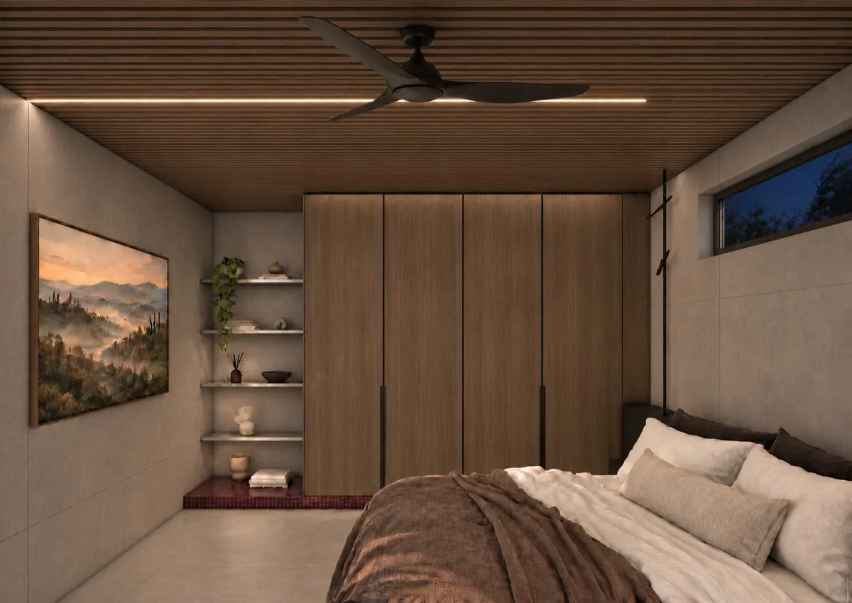 The bedroom of SOLUM Max in Burgundy, with raw walnut joinery, after dark
