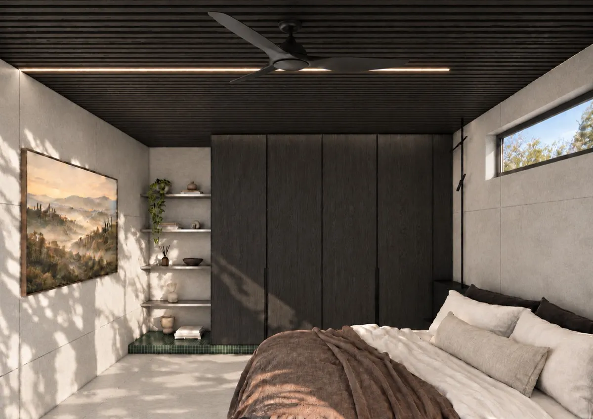 The bedroom of SOLUM Max in Sage, with dark oak joinery