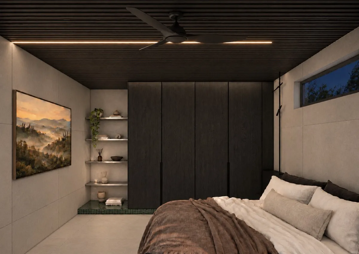 The bedroom of SOLUM Max in Sage, with dark oak joinery, after dark