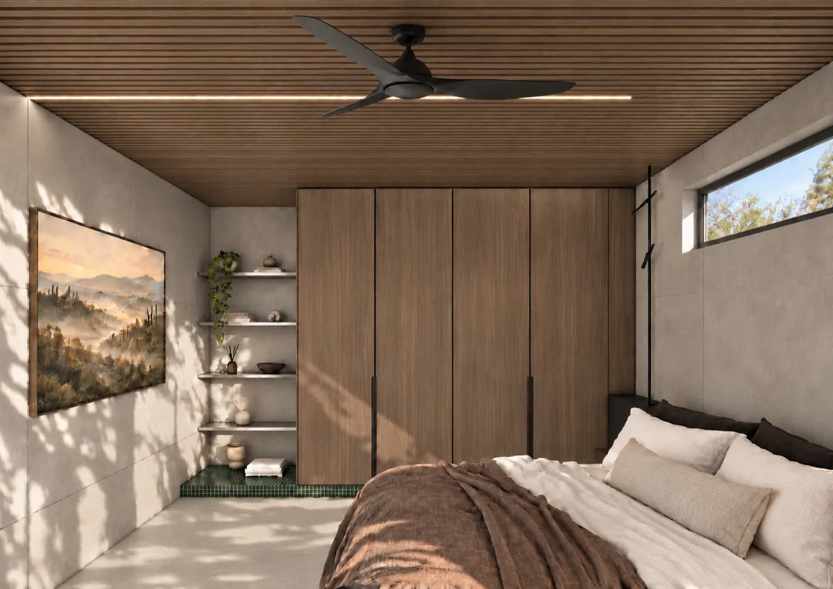 The bedroom of SOLUM Max in Sage, with raw walnut joinery