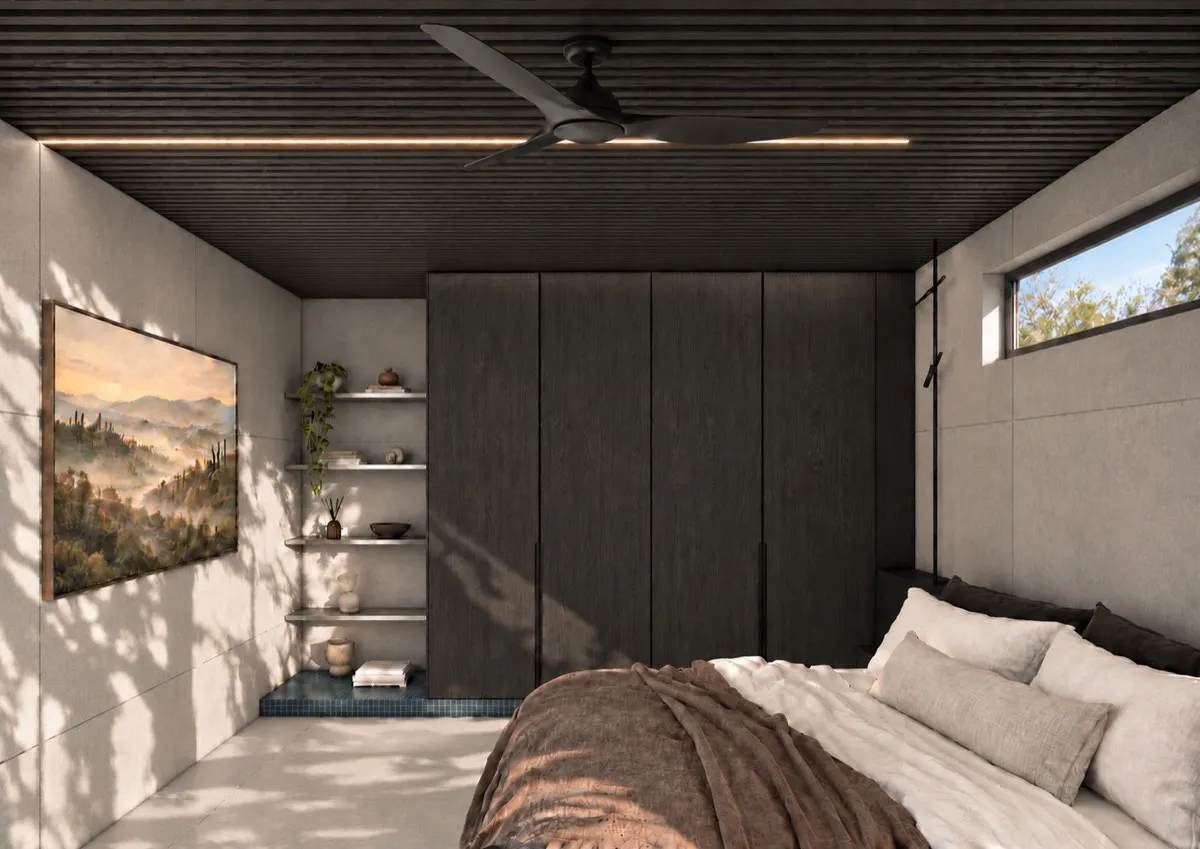 The bedroom of SOLUM Max in Tide, with dark oak joinery
