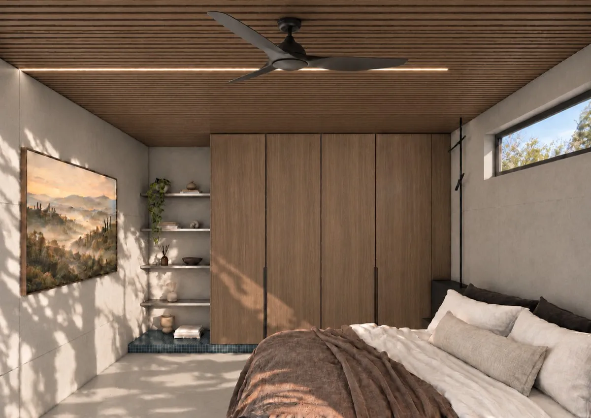 The bedroom of SOLUM Max in Tide, with raw walnut joinery