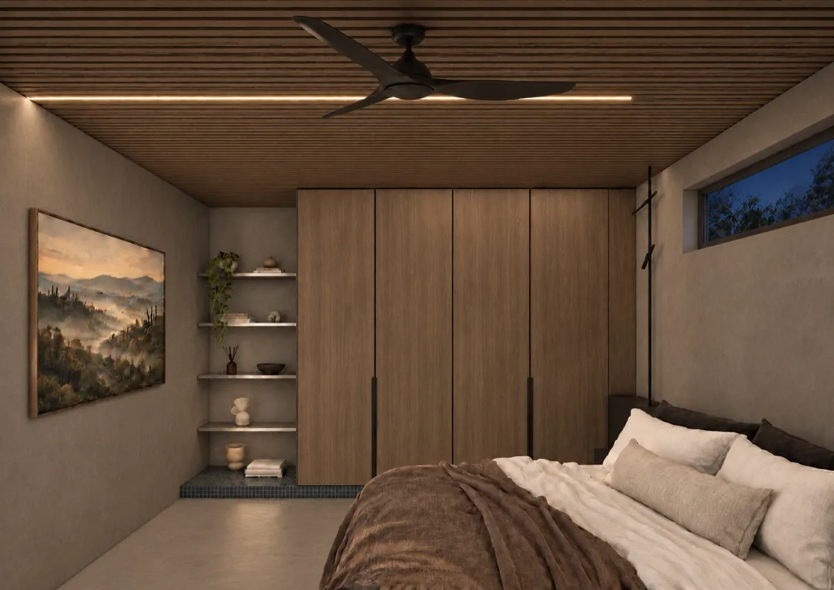 The bedroom of SOLUM Max in Tide, with raw walnut joinery, after dark