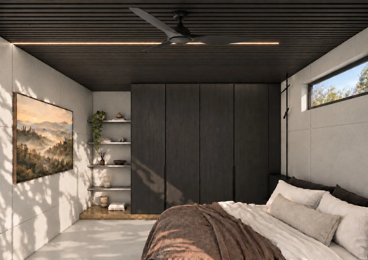 The bedroom of SOLUM Max in Vine, with dark oak joinery