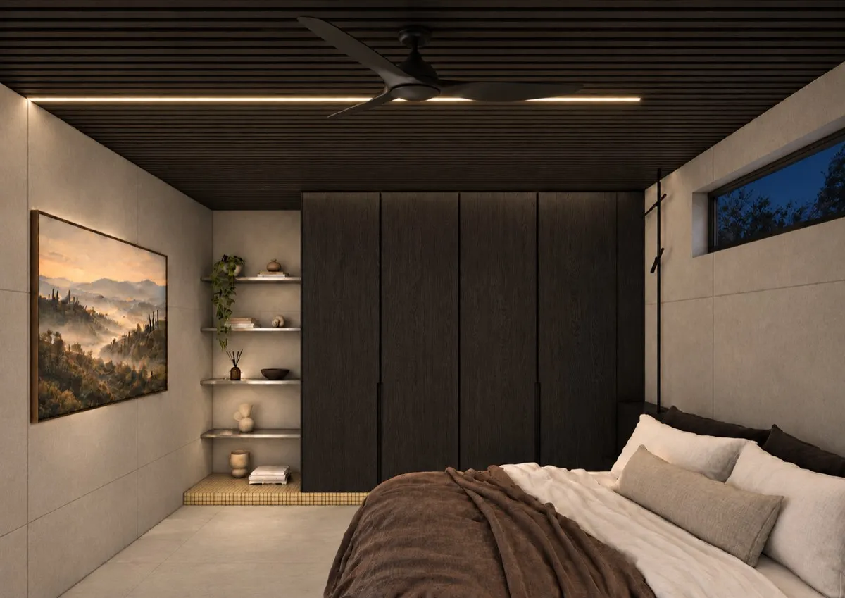 The bedroom of SOLUM Max in Vine, with dark oak joinery, after dark