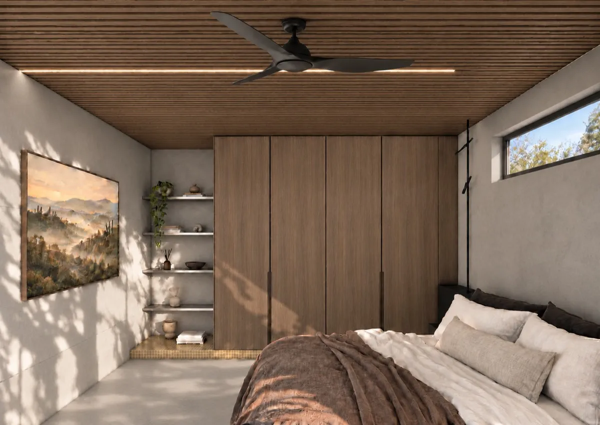 The bedroom of SOLUM Max in Vine, with raw walnut joinery