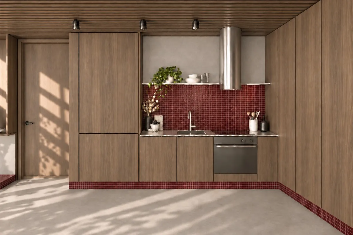 The kitchen of SOLUM Max in Burgundy, with raw walnut joinery