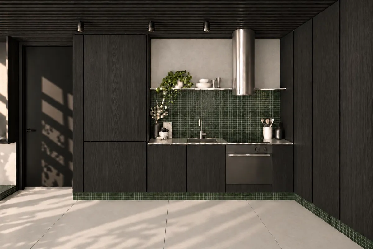 The kitchen of SOLUM Max in Sage, with dark oak joinery