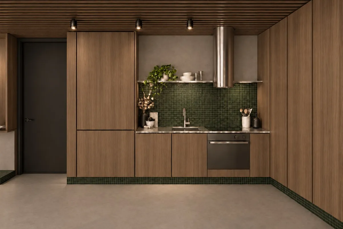 The kitchen of SOLUM Max in Sage, with raw walnut joinery, after dark