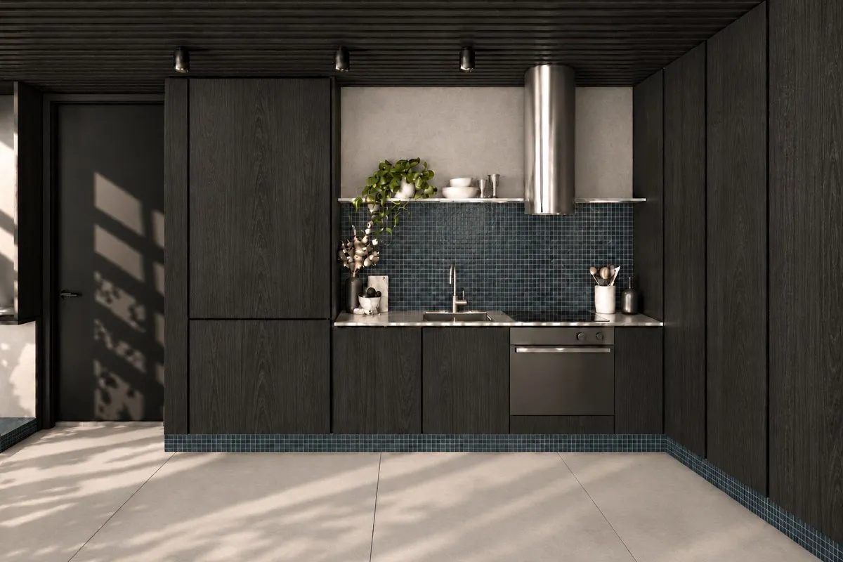 The kitchen of SOLUM Max in Tide, with dark oak joinery