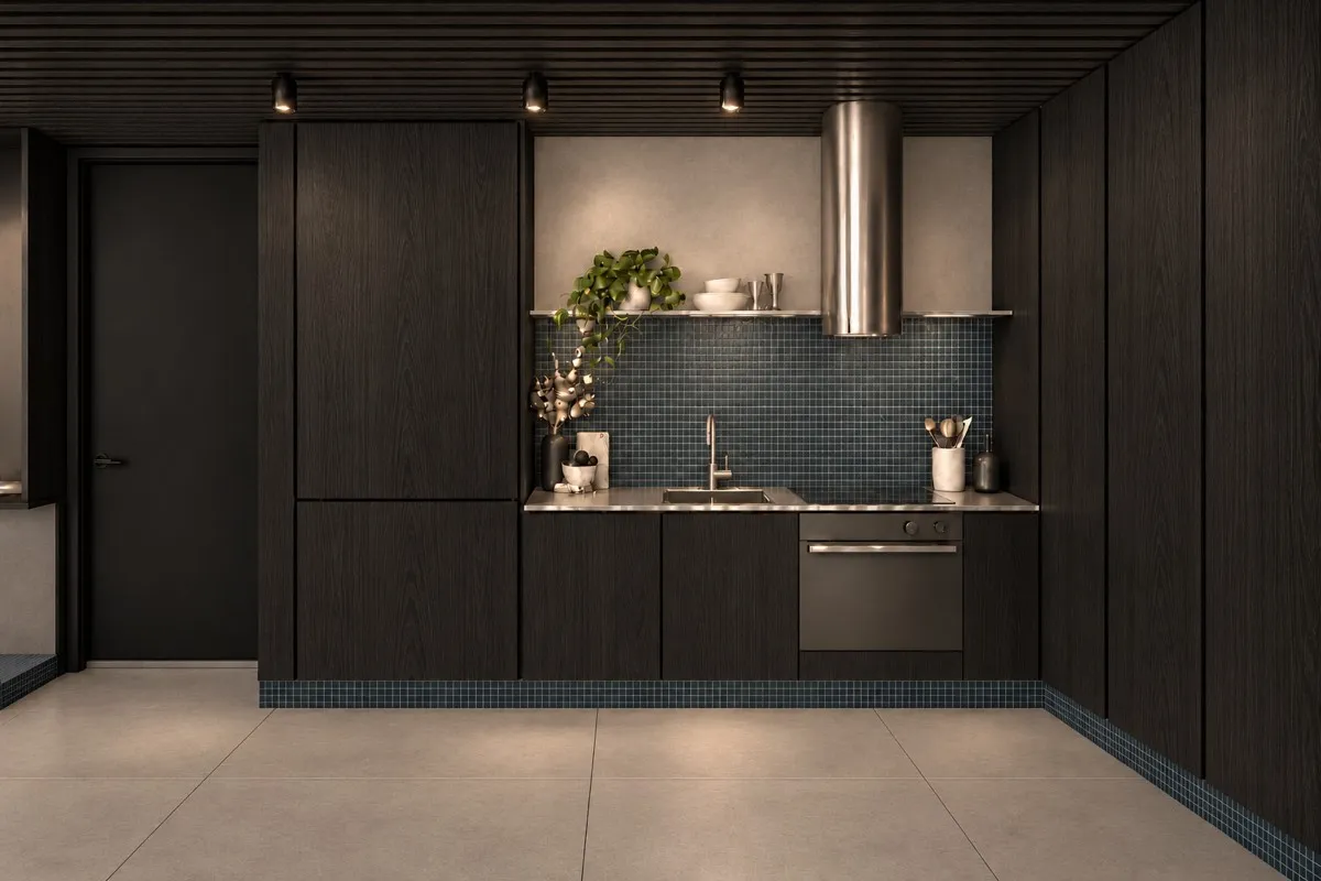 The kitchen of SOLUM Max in Tide, with dark oak joinery, after dark