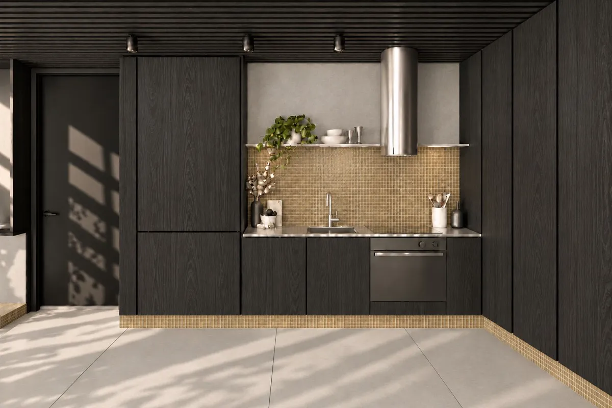 The kitchen of SOLUM Max in Vine, with dark oak joinery
