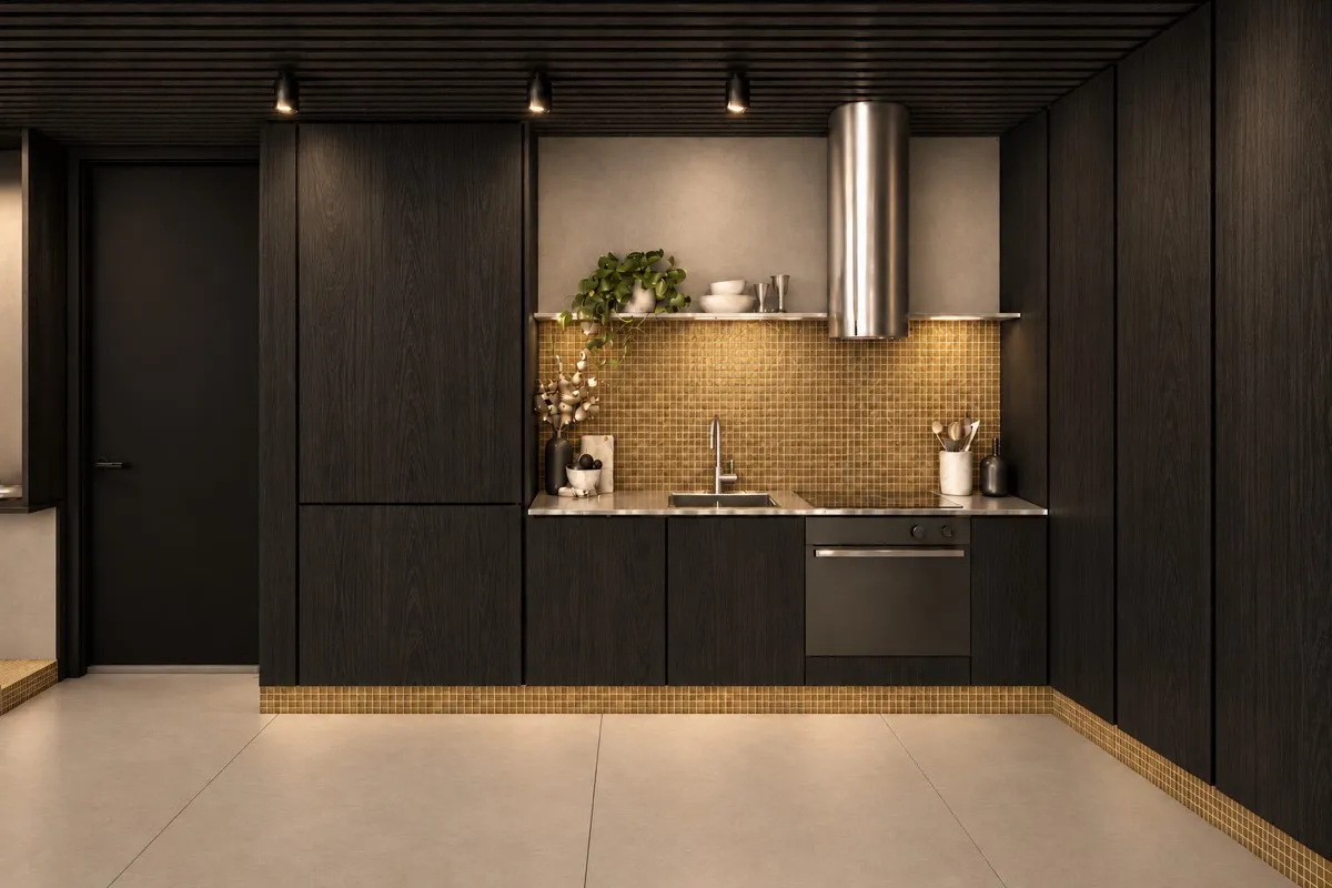 The kitchen of SOLUM Max in Vine, with dark oak joinery, after dark