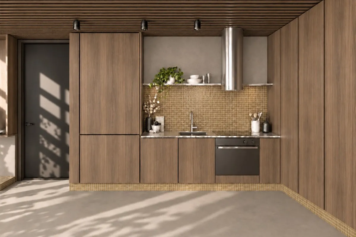 The kitchen of SOLUM Max in Vine, with raw walnut joinery