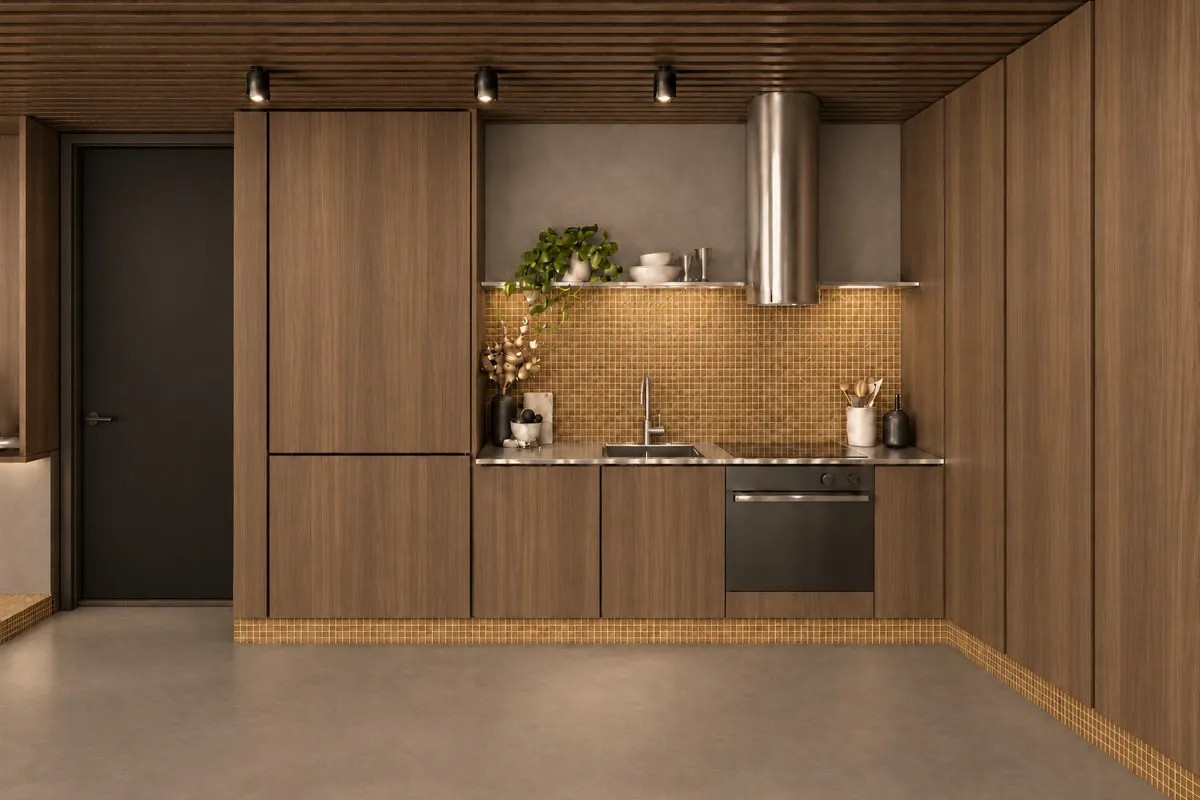 The kitchen of SOLUM Max in Vine, with raw walnut joinery, after dark