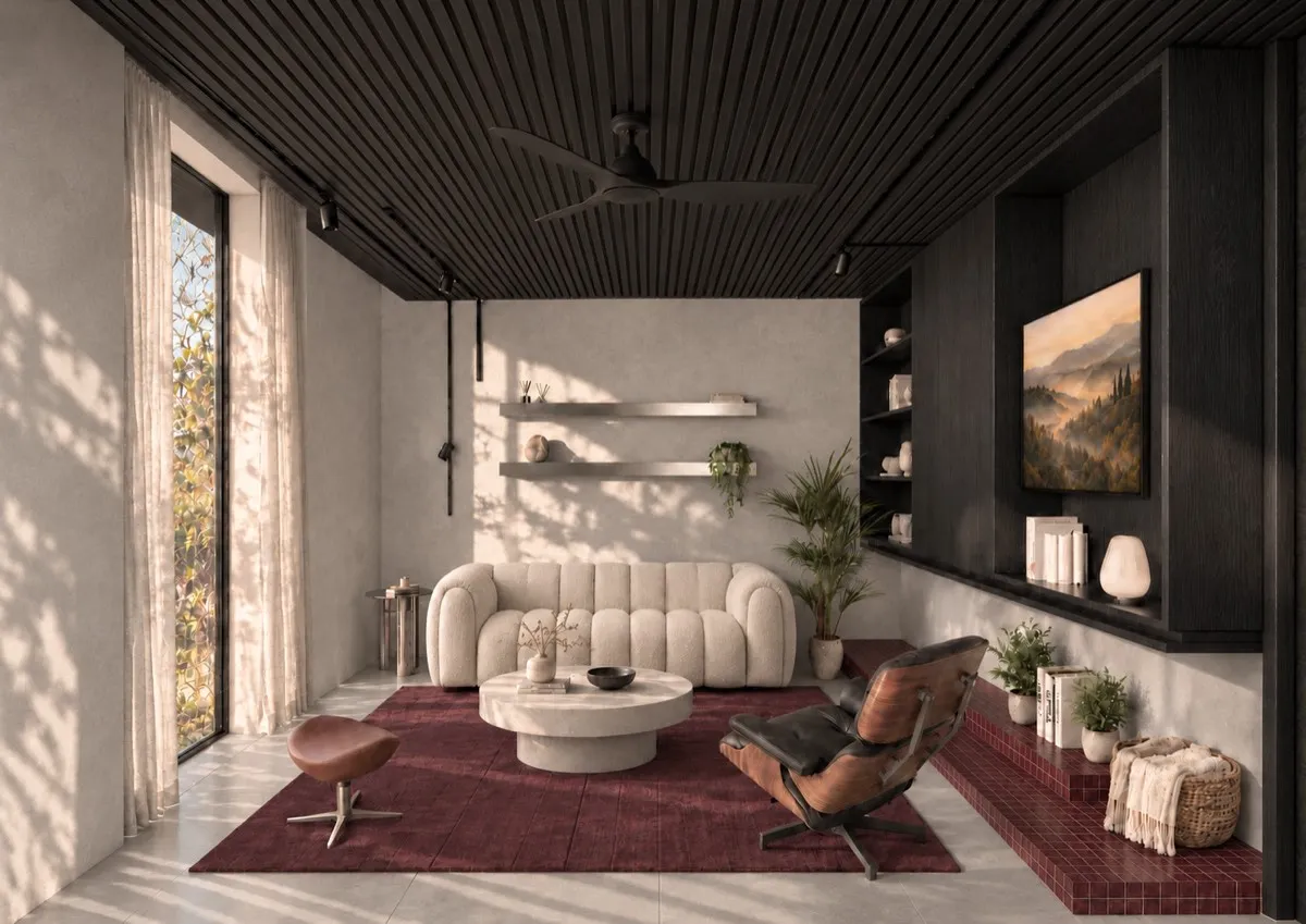 The living room of SOLUM Max in Burgundy, with dark oak joinery