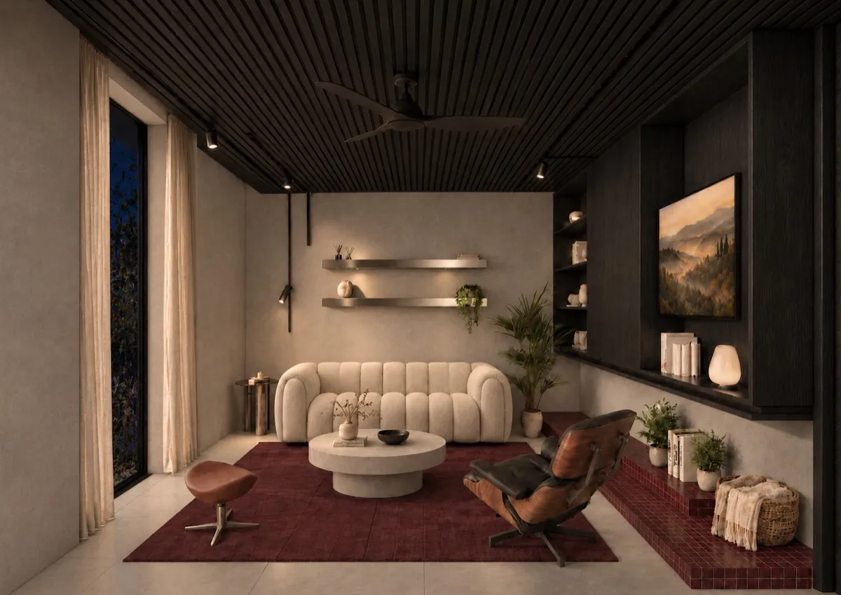 The living room of SOLUM Max in Burgundy, with dark oak joinery, after dark