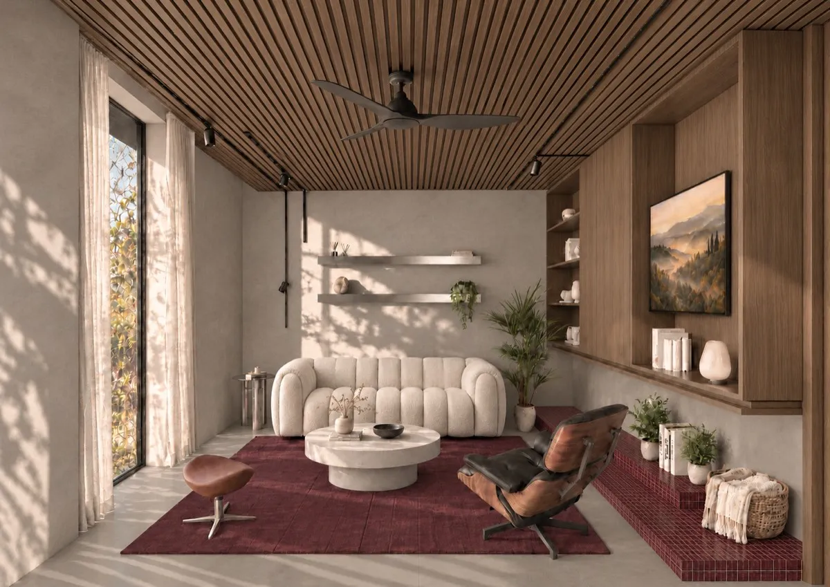 The living room of SOLUM Max in Burgundy, with raw walnut joinery