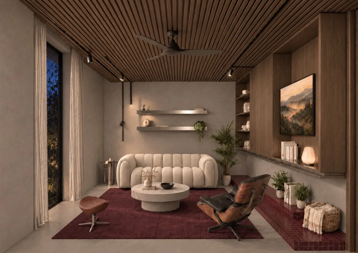 The living room of SOLUM Max in Burgundy, with raw walnut joinery, after dark