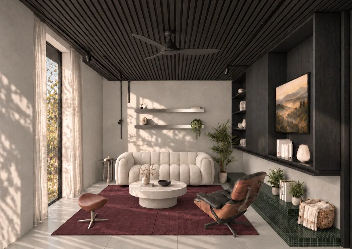 The living room of SOLUM Max in Sage, with dark oak joinery