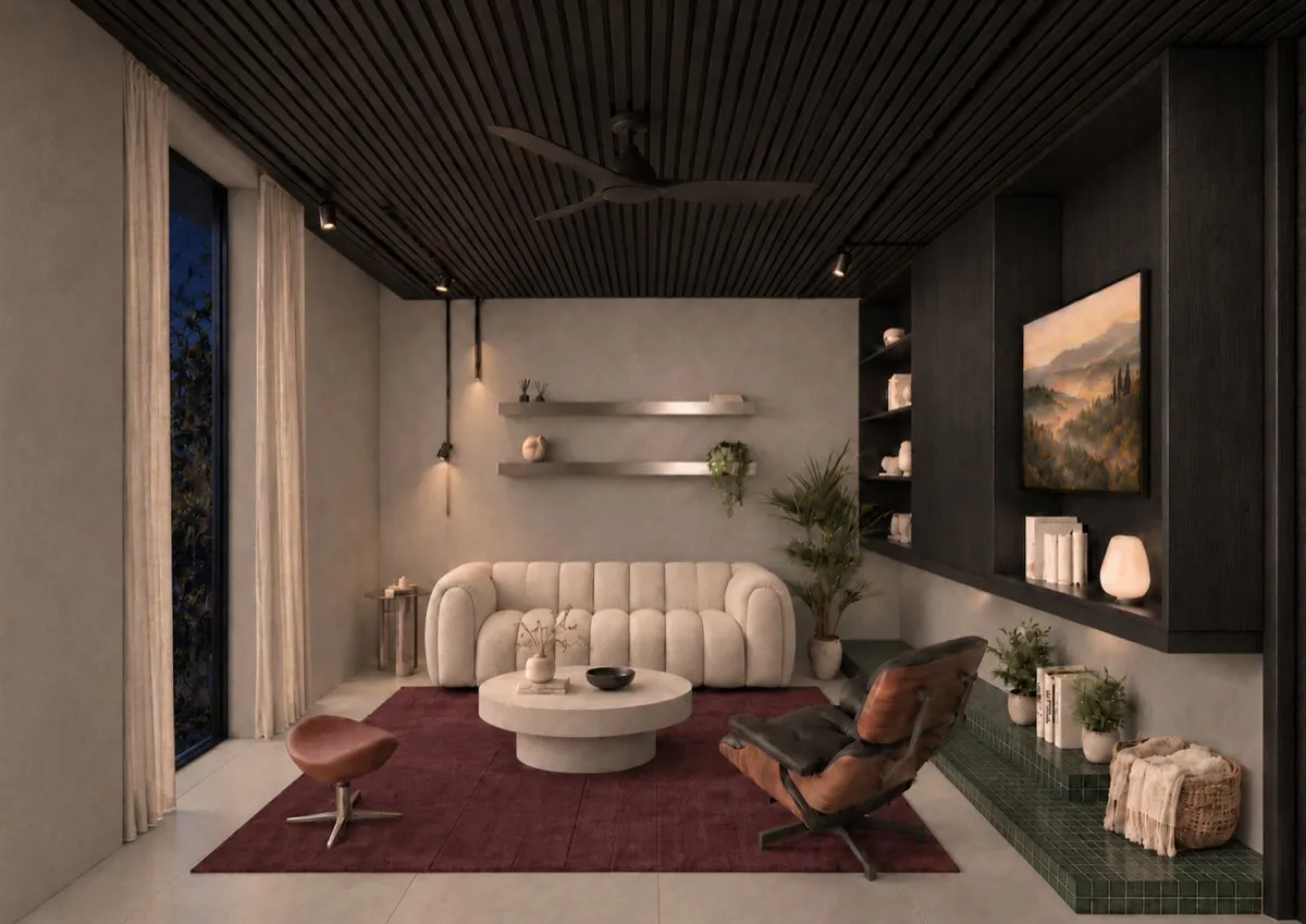 The living room of SOLUM Max in Sage, with dark oak joinery, after dark