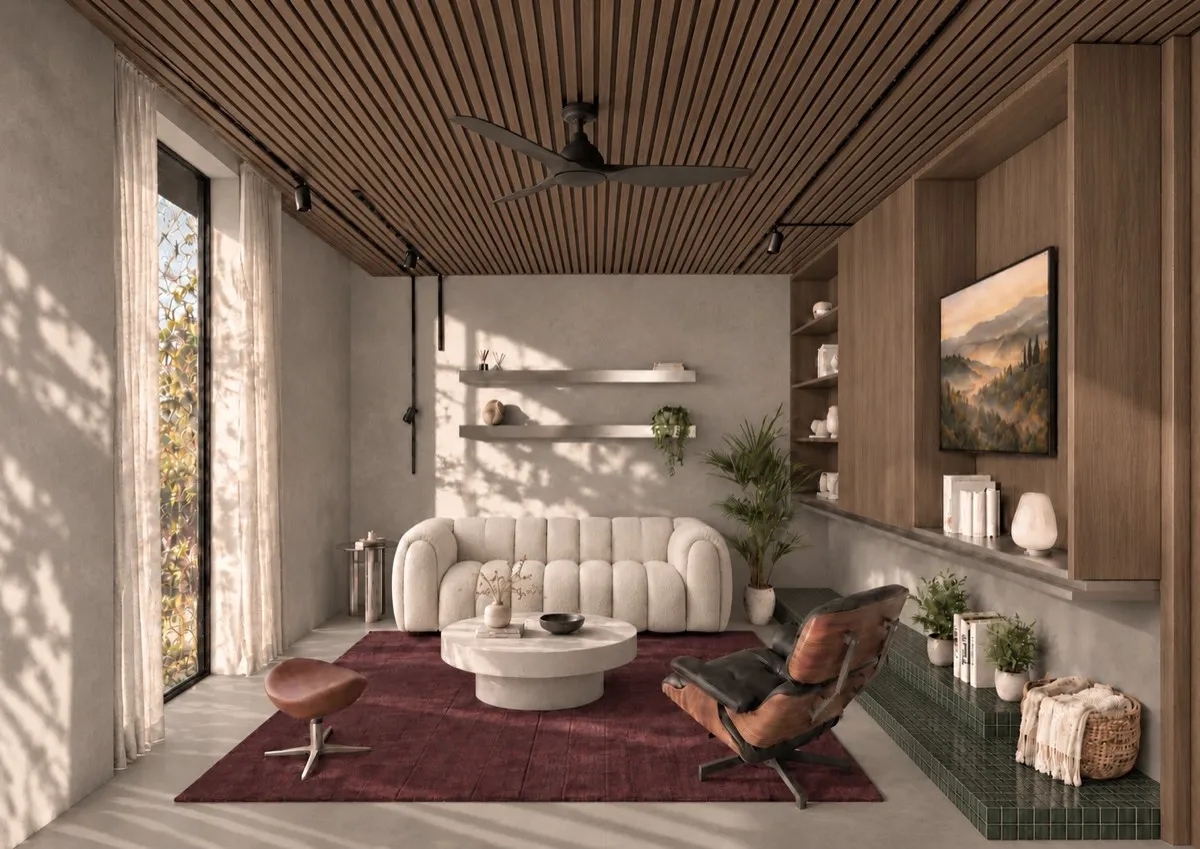 The living room of SOLUM Max in Sage, with raw walnut joinery