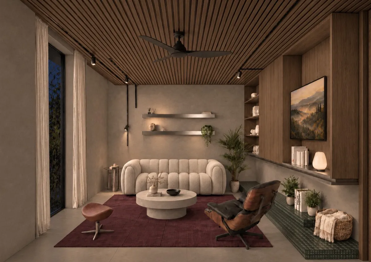 The living room of SOLUM Max in Sage, with raw walnut joinery, after dark