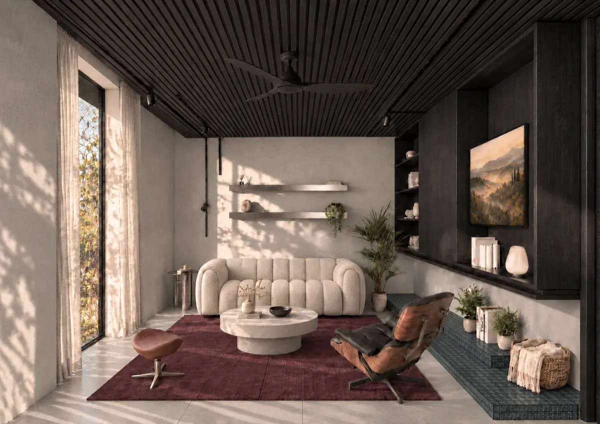 The living room of SOLUM Max in Tide, with dark oak joinery