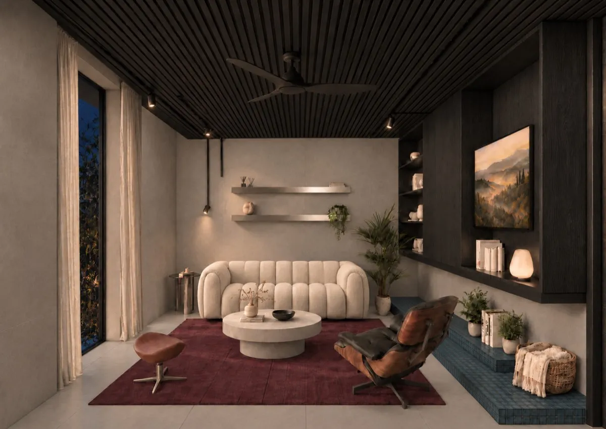 The living room of SOLUM Max in Tide, with dark oak joinery, after dark