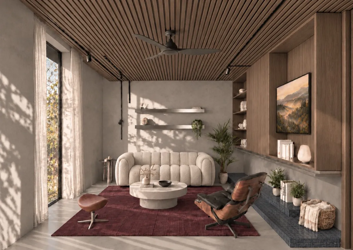 The living room of SOLUM Max in Tide, with raw walnut joinery