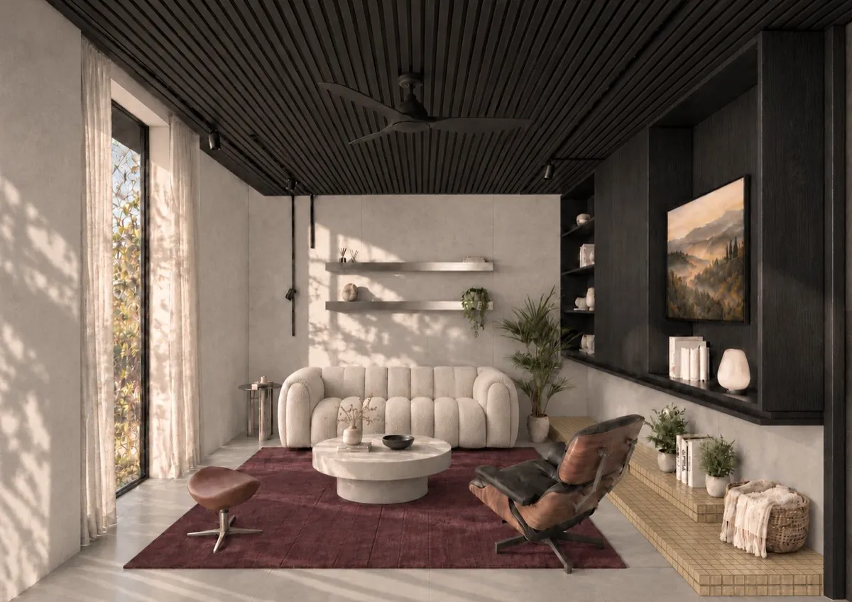 The living room of SOLUM Max in Vine, with dark oak joinery