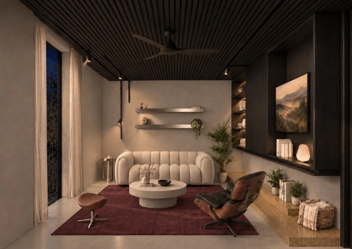 The living room of SOLUM Max in Vine, with dark oak joinery, after dark