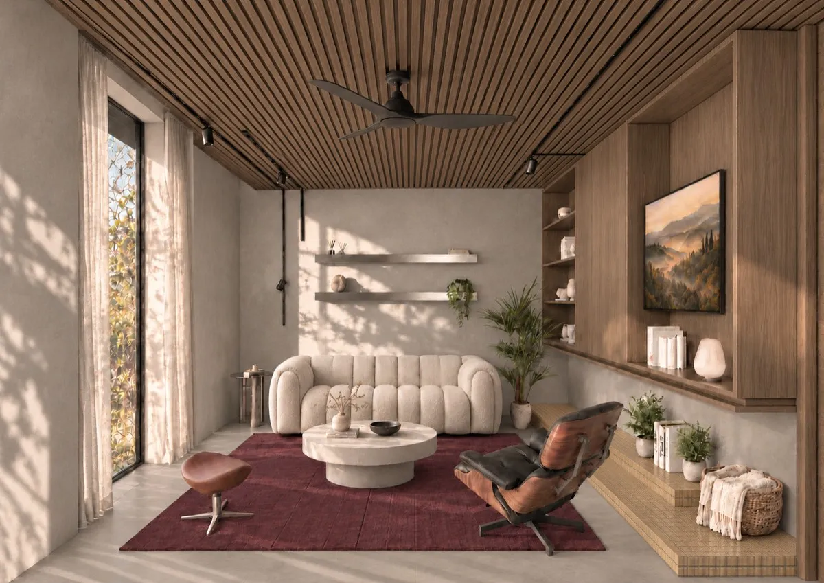 The living room of SOLUM Max in Vine, with raw walnut joinery