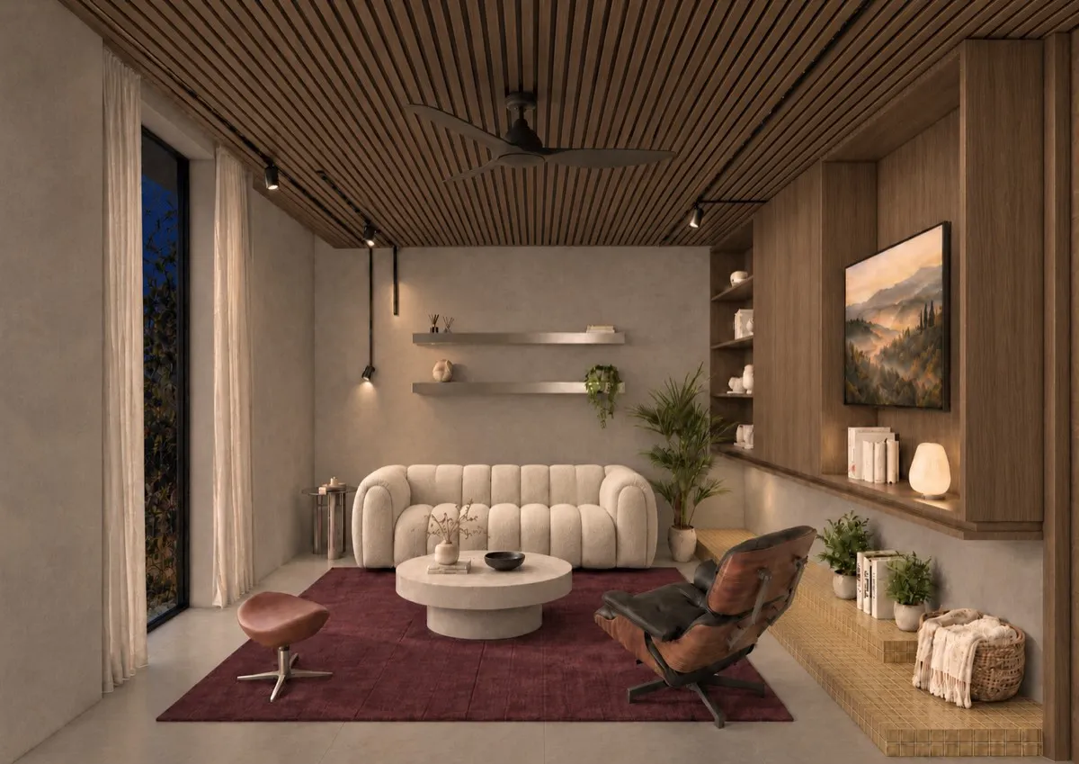 The living room of SOLUM Max in Vine, with raw walnut joinery, after dark