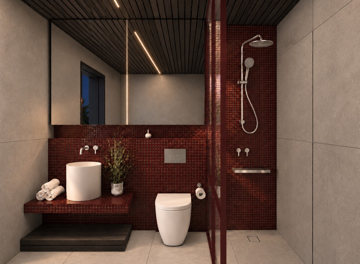 The bathroom of SOLUM Plus in Burgundy, with dark oak joinery, after dark