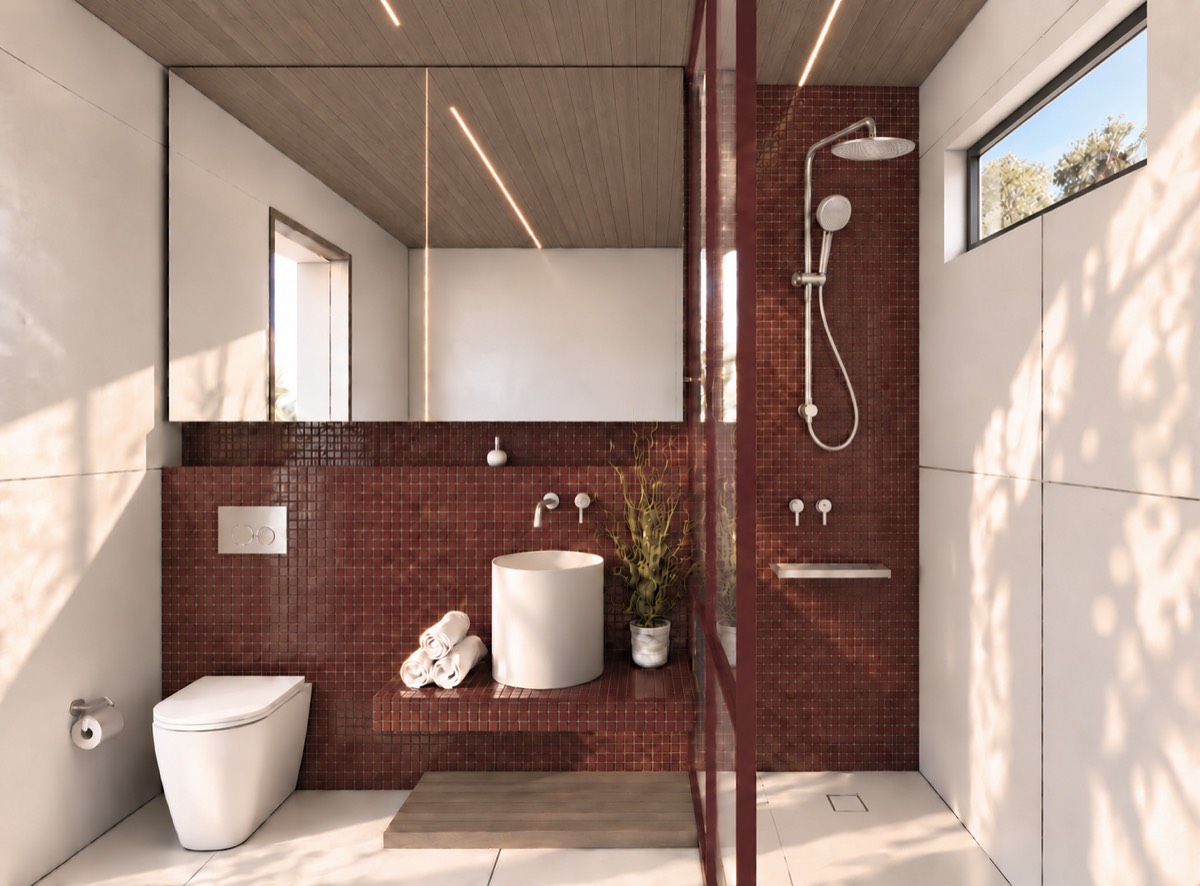 The bathroom of SOLUM Plus in Burgundy, with raw walnut joinery