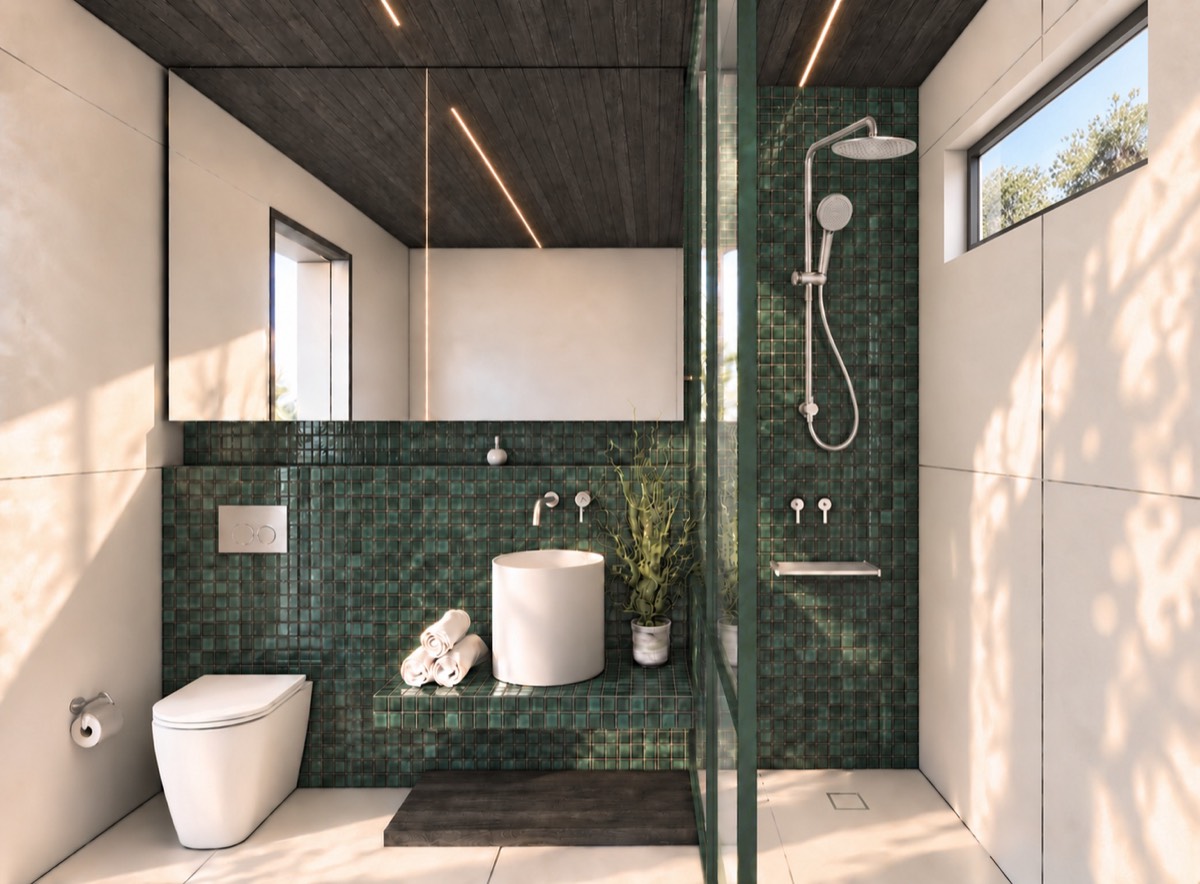The bathroom of SOLUM Plus in Sage, with dark oak joinery