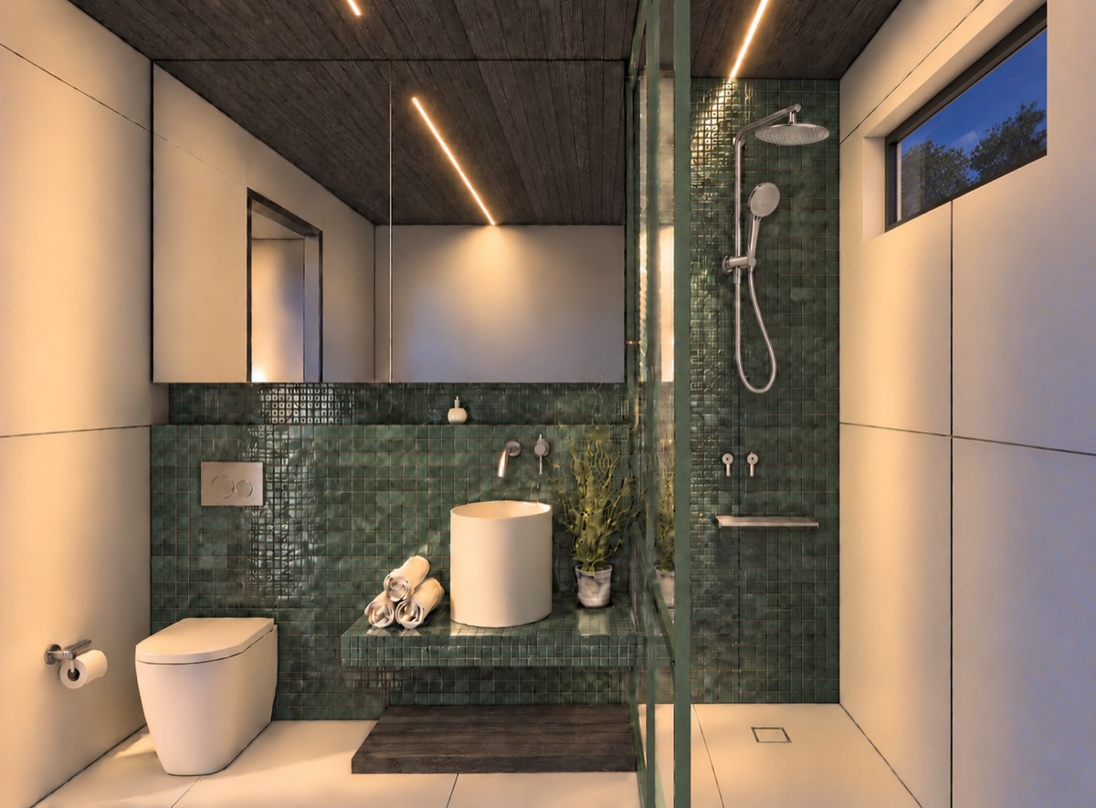 The bathroom of SOLUM Plus in Sage, with dark oak joinery, after dark
