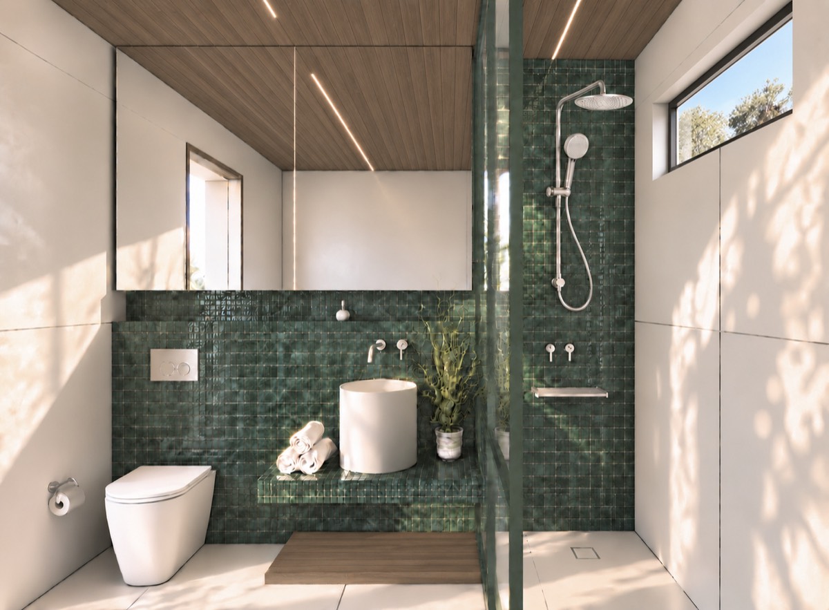 The bathroom of SOLUM Plus in Sage, with raw walnut joinery