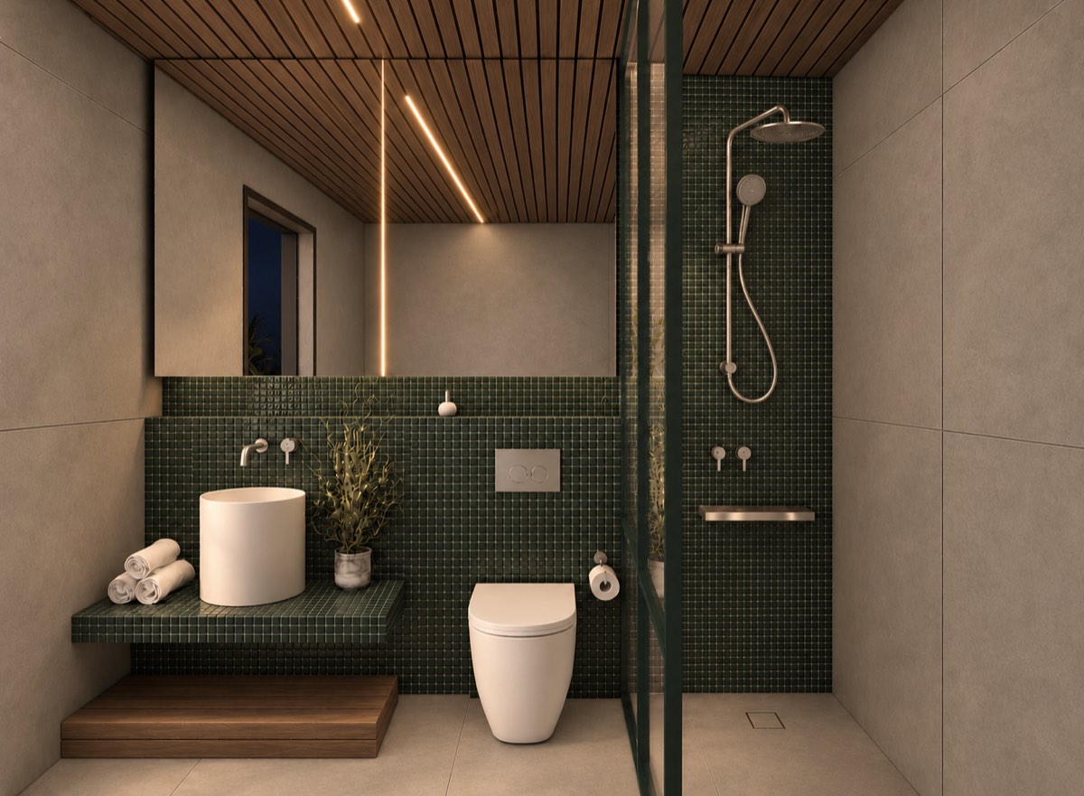 The bathroom of SOLUM Plus in Sage, with raw walnut joinery, after dark