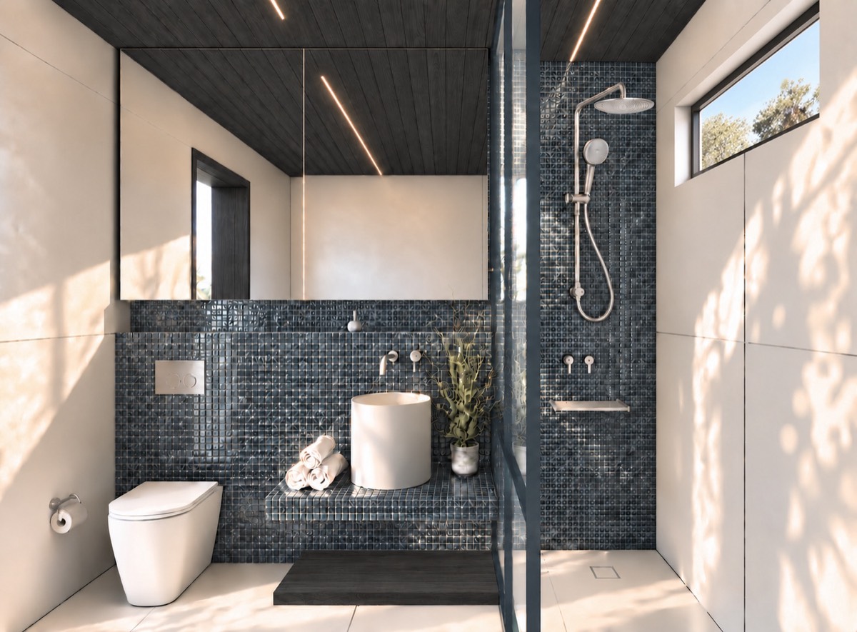 The bathroom of SOLUM Plus in Tide, with dark oak joinery