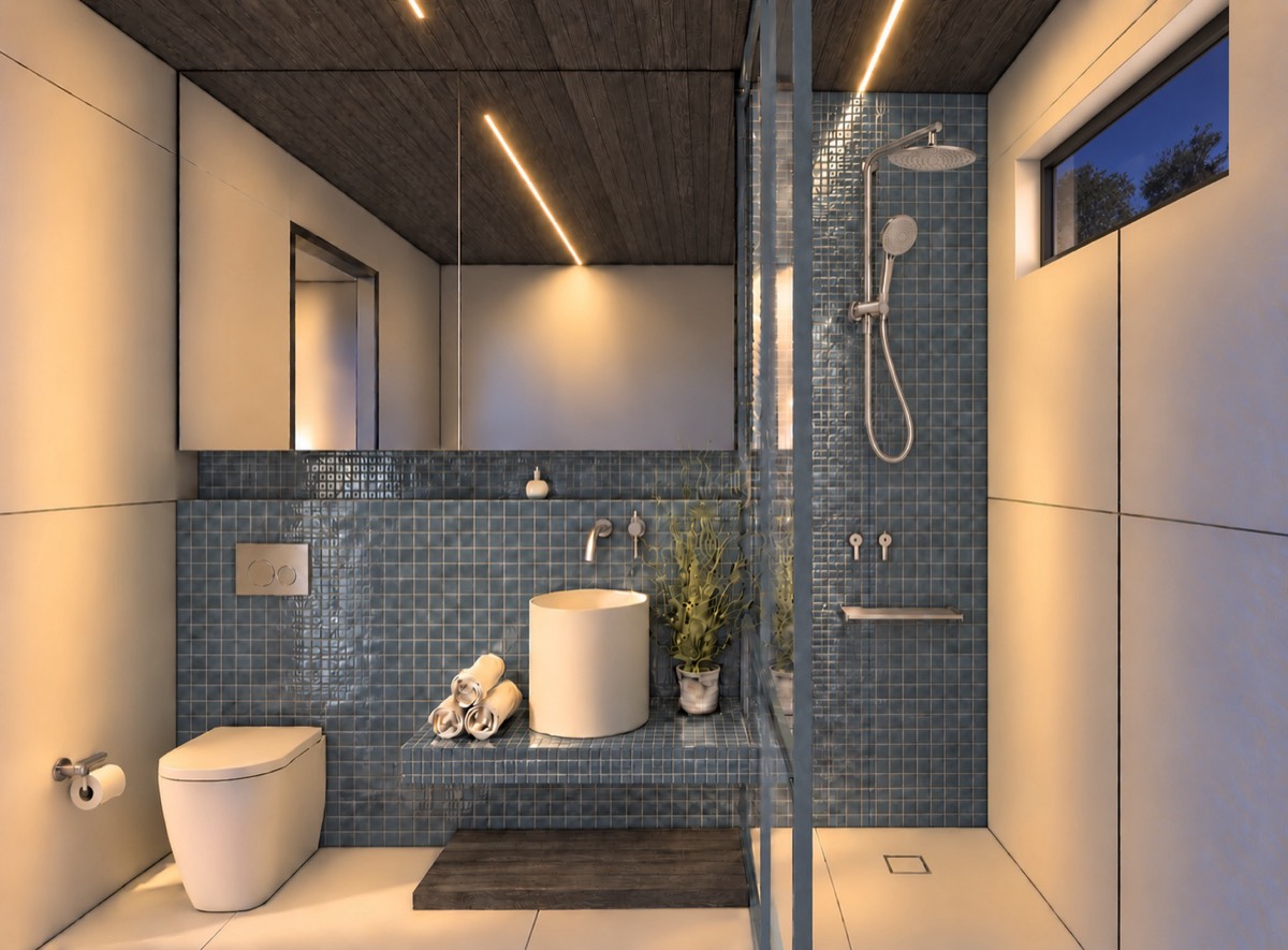 The bathroom of SOLUM Plus in Tide, with dark oak joinery, after dark