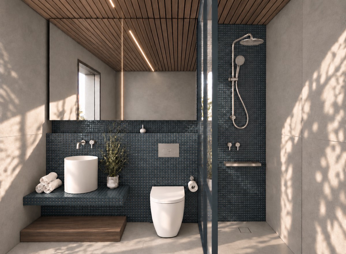 The bathroom of SOLUM Plus in Tide, with raw walnut joinery