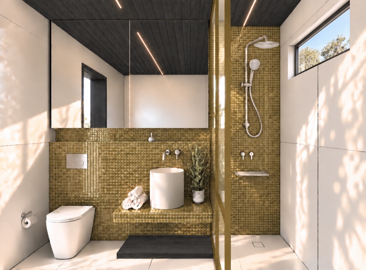 The bathroom of SOLUM Plus in Vine, with dark oak joinery
