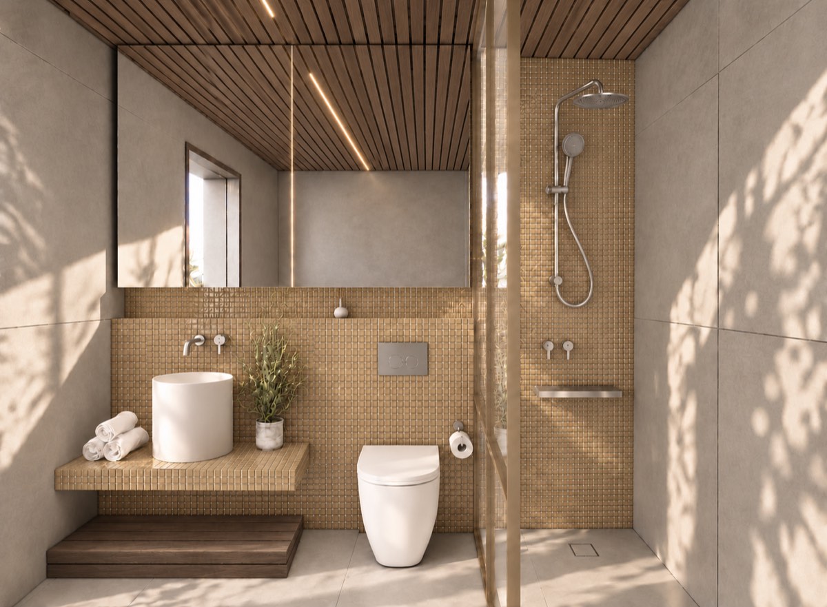 The bathroom of SOLUM Plus in Vine, with raw walnut joinery
