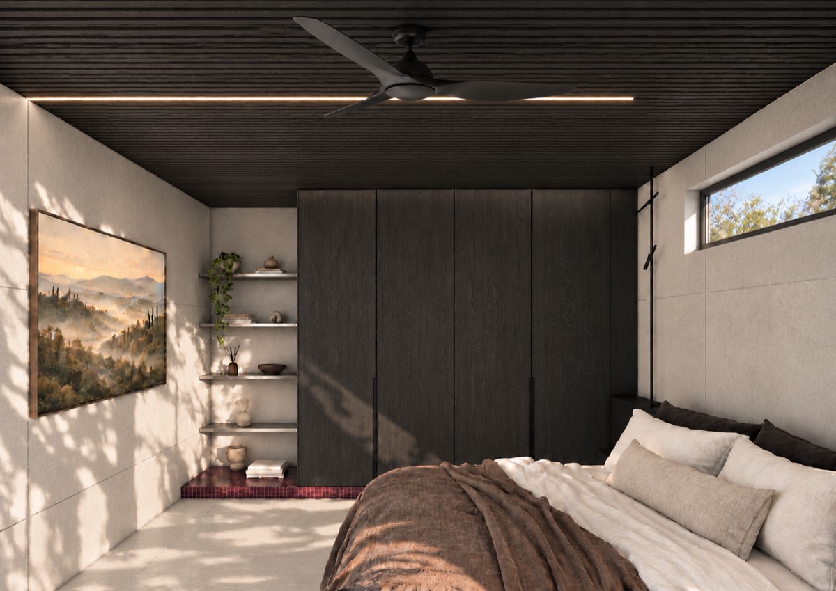 The bedroom of SOLUM Plus in Burgundy, with dark oak joinery