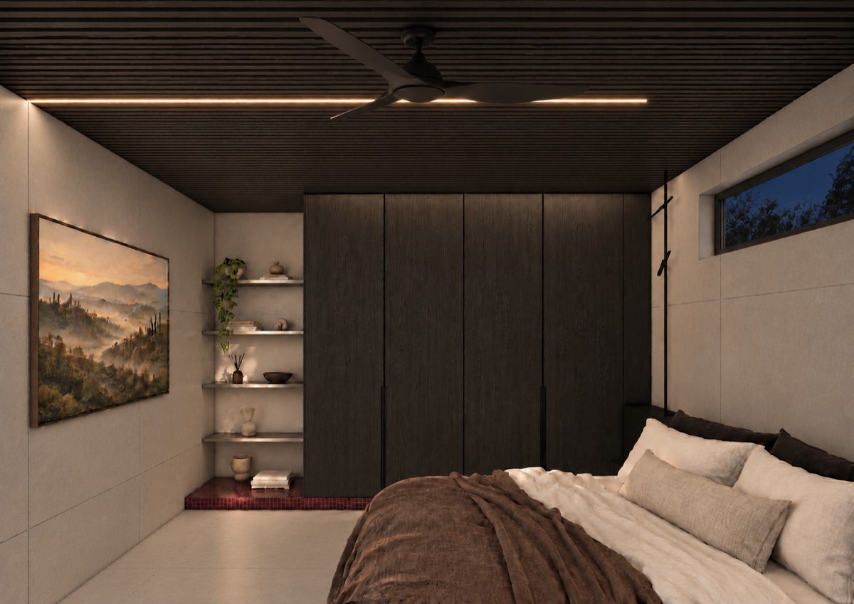 The bedroom of SOLUM Plus in Burgundy, with dark oak joinery, after dark