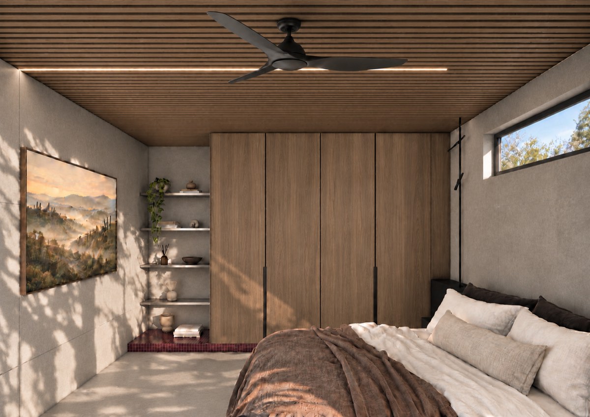 The bedroom of SOLUM Plus in Burgundy, with raw walnut joinery