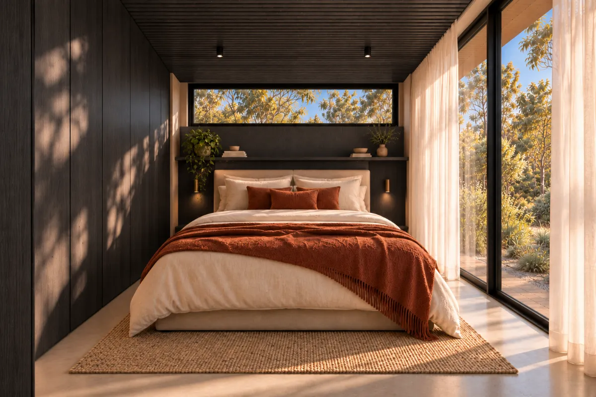 The bedroom of SOLUM Plus, with dark oak joinery